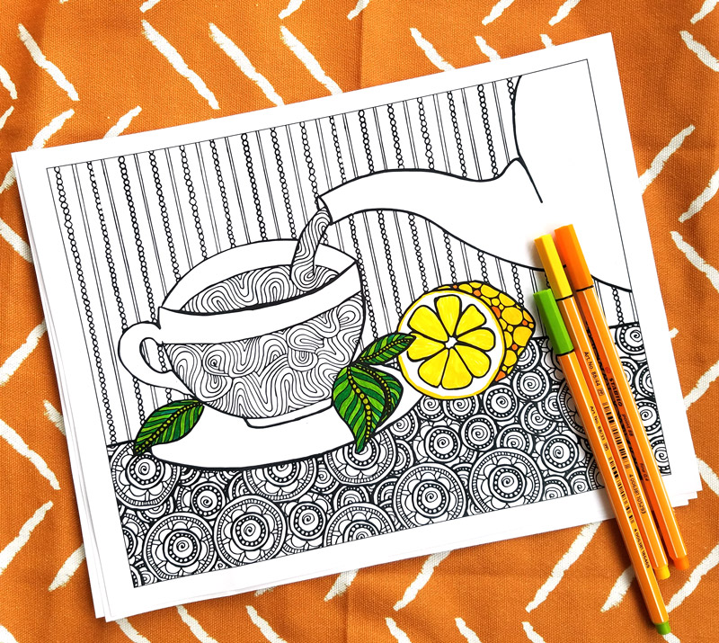 I love these fun printable tea coloring pages for adults! This cool 5 page colouring packet for grown-ups comes with different levels of complexity on a 