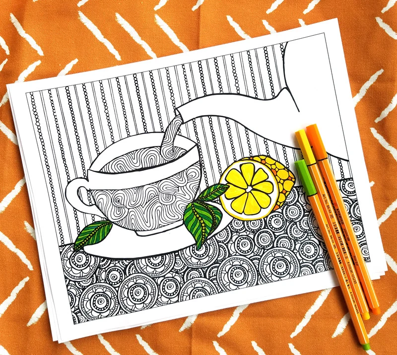 I love these fun printable tea coloring pages for adults! This cool 5 page colouring packet for grown-ups comes with different levels of complexity on a 