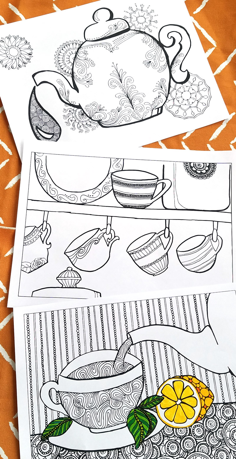 I love these fun printable tea coloring pages for adults! This cool 5 page colouring packet for grown-ups comes with different levels of complexity on a "tea time" theme so that you can choose wichever suits your mood. You'll love these fun advanced and detailed beautiful color therapy pages with difficult and easy options.