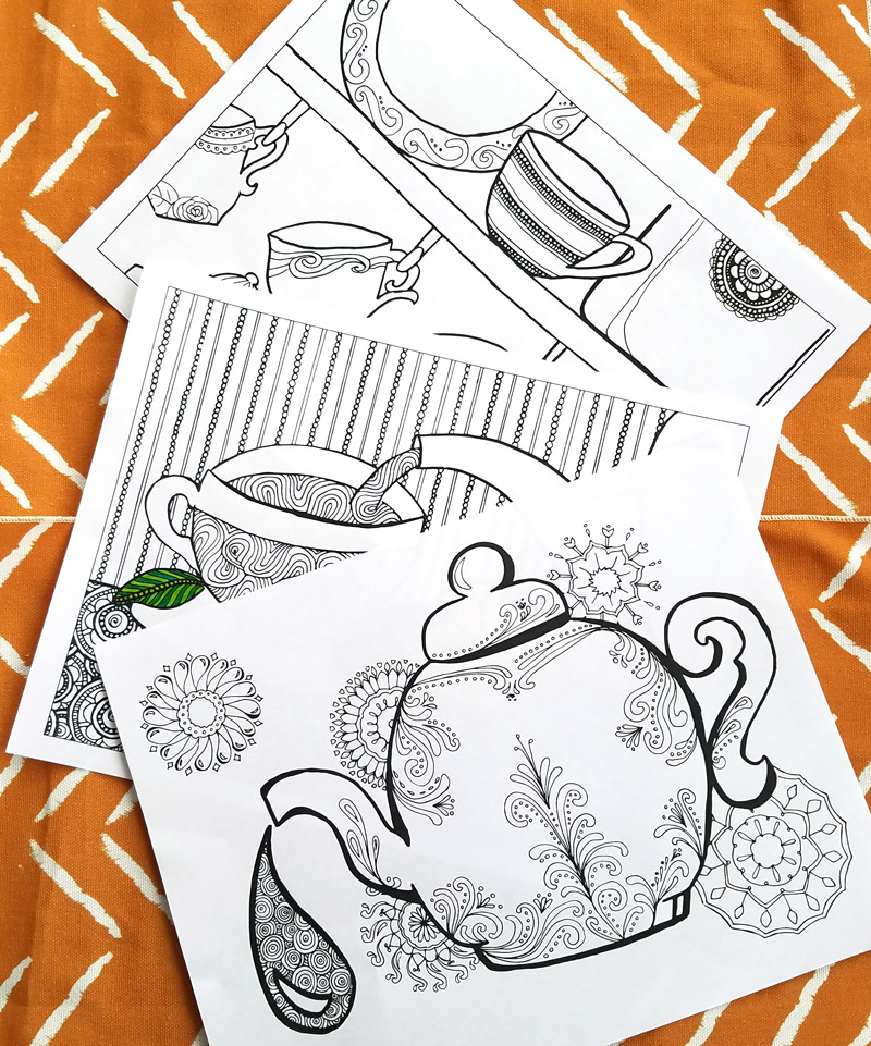 I love these fun printable tea coloring pages for adults! This cool 5 page colouring packet for grown-ups comes with different levels of complexity on a "tea time" theme so that you can choose wichever suits your mood. You'll love these fun advanced and detailed beautiful color therapy pages with difficult and easy options.