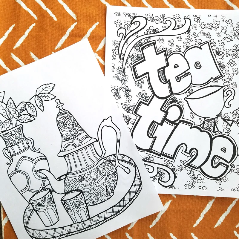 I love these fun printable tea coloring pages for adults! This cool 5 page colouring packet for grown-ups comes with different levels of complexity on a "tea time" theme so that you can choose wichever suits your mood. You'll love these fun advanced and detailed beautiful color therapy pages with difficult and easy options.