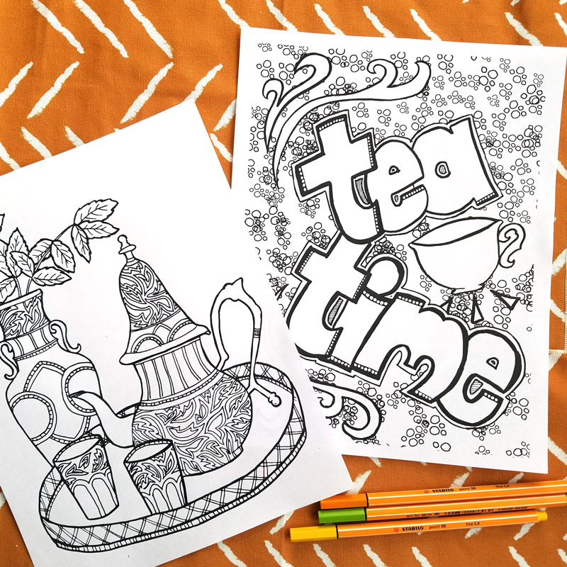 I love these fun printable tea coloring pages for adults! This cool 5 page colouring packet for grown-ups comes with different levels of complexity on a "tea time" theme so that you can choose wichever suits your mood. You'll love these fun advanced and detailed beautiful color therapy pages with difficult and easy options.