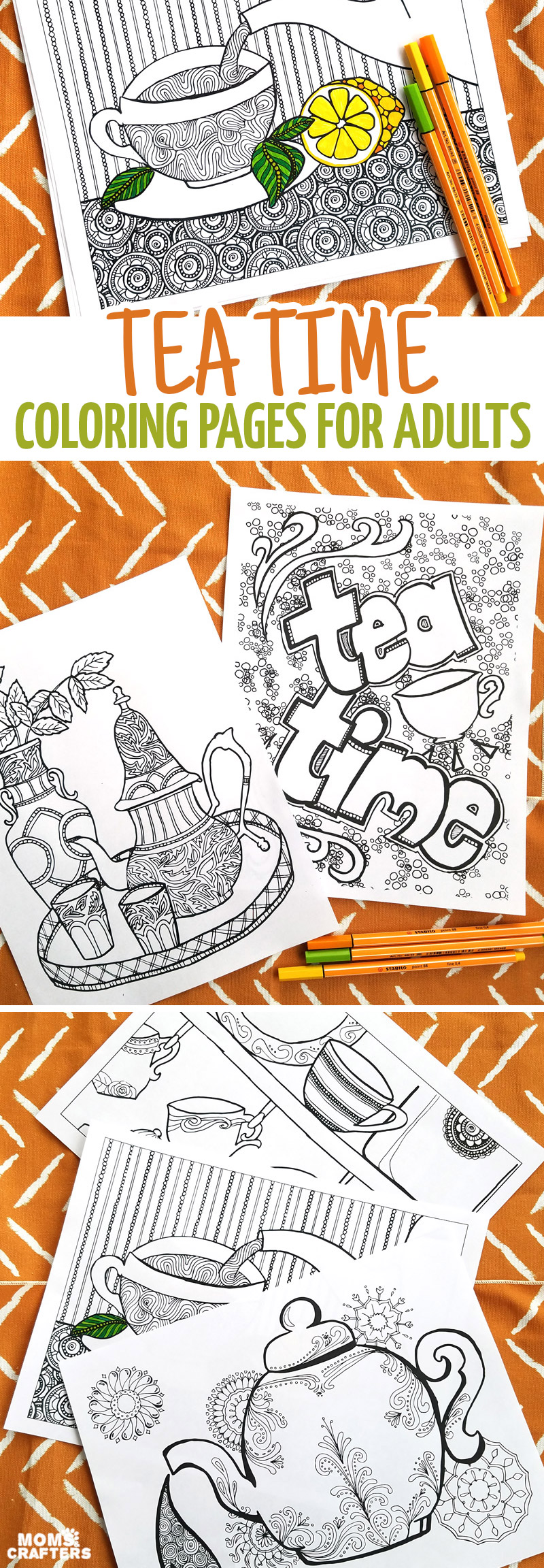 I love these fun printable tea coloring pages for adults! This cool 5 page colouring packet for grown-ups comes with different levels of complexity on a "tea time" theme so that you can choose wichever suits your mood. You'll love these fun advanced and detailed beautiful color therapy pages with difficult and easy options.