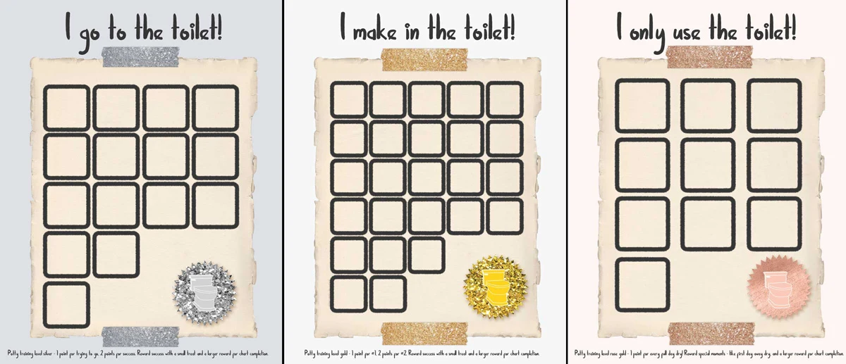 These potty training chart printables, rewards system, and awards are the perfect positive reinforcement for potty training boys and girls! It's great for difficult toddlers and preschoolers and for learning to pee and poop, along with every other stage of toilet training a 2 year old or 3 year old!