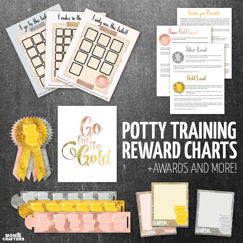 These potty training chart printables, rewards system, and awards are the perfect positive reinforcement for potty training boys and girls! It's great for difficult toddlers and preschoolers and for learning to pee and poop, along with every other stage of toilet training a 2 year old or 3 year old!