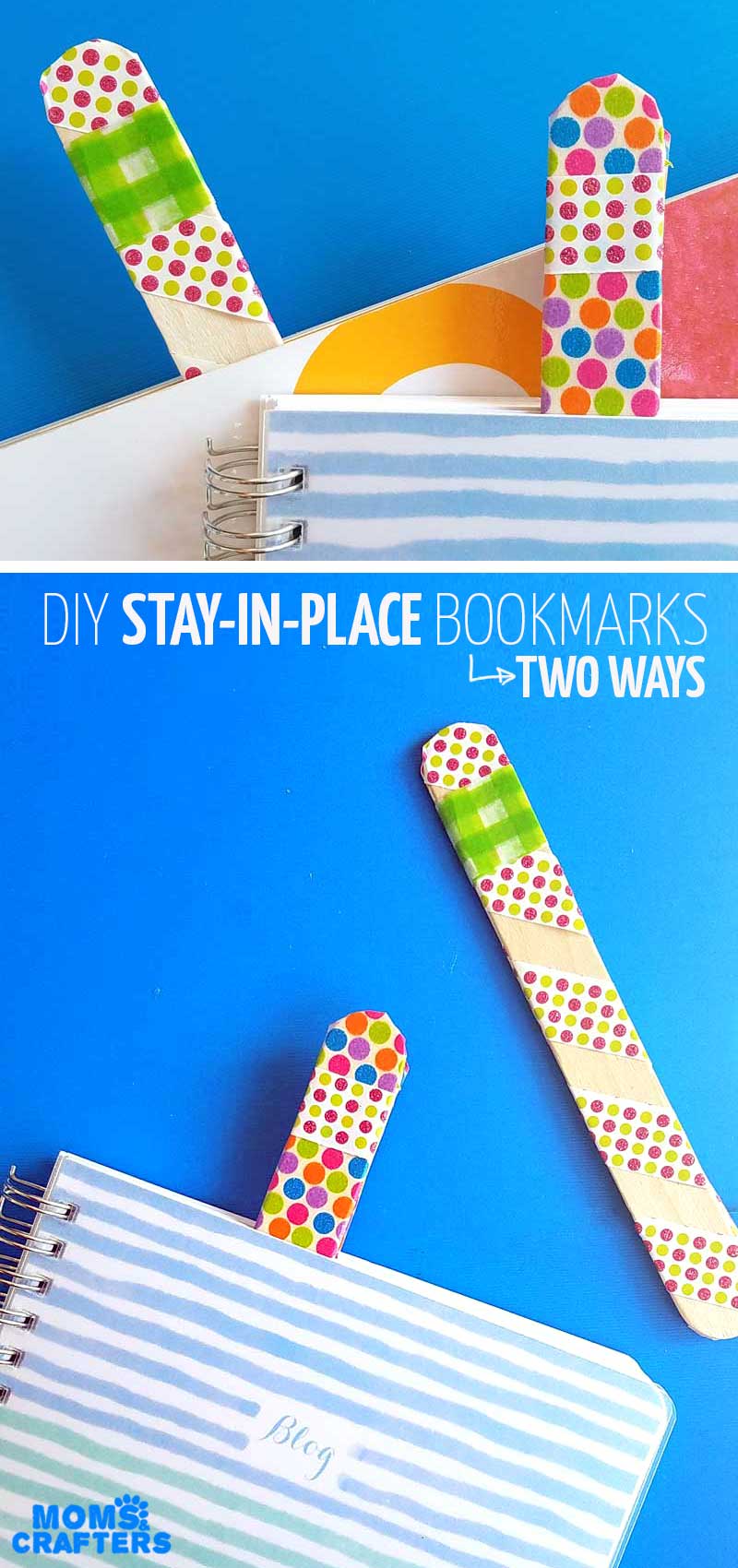 Make some fun DIY bookmarks that actually stay in place - using two fun methods! The craft stick bookmarks are a fun popsicle stick craft for kids of all ages - from toddler to teen!