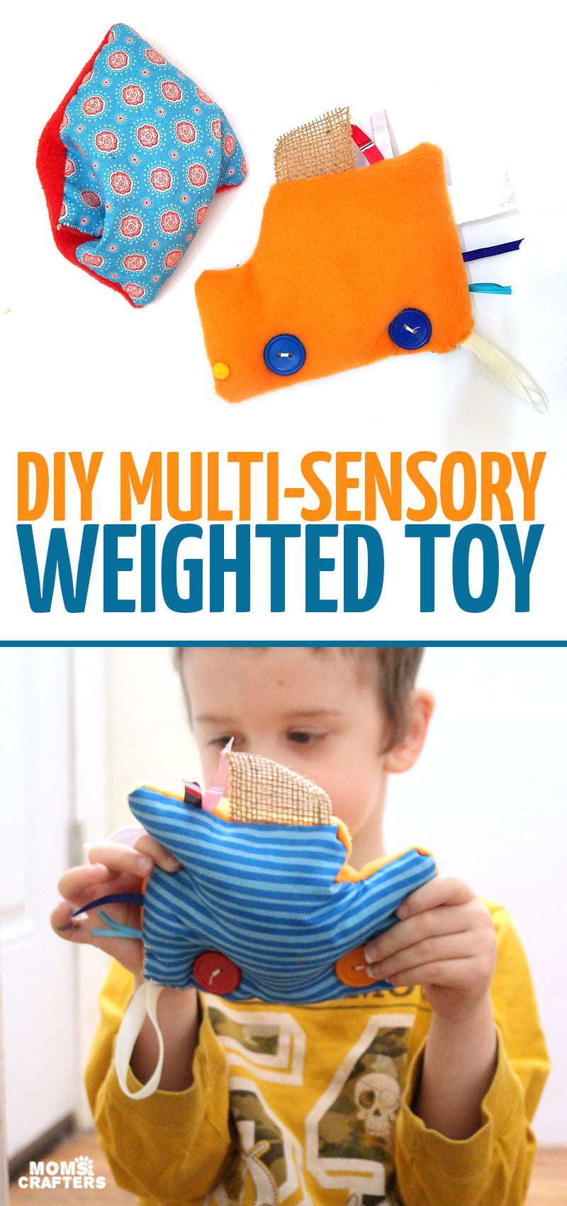 This easy DIY sensory toy is a fun beginner sewing project and DIY toy for toddlers and preschoolers. It's a weighted toy to help children with SPD, autism, or typical sensory input needs calm down, and an amazing easy calming tool for moms to create. You'll love this simple sewing craft for moms.