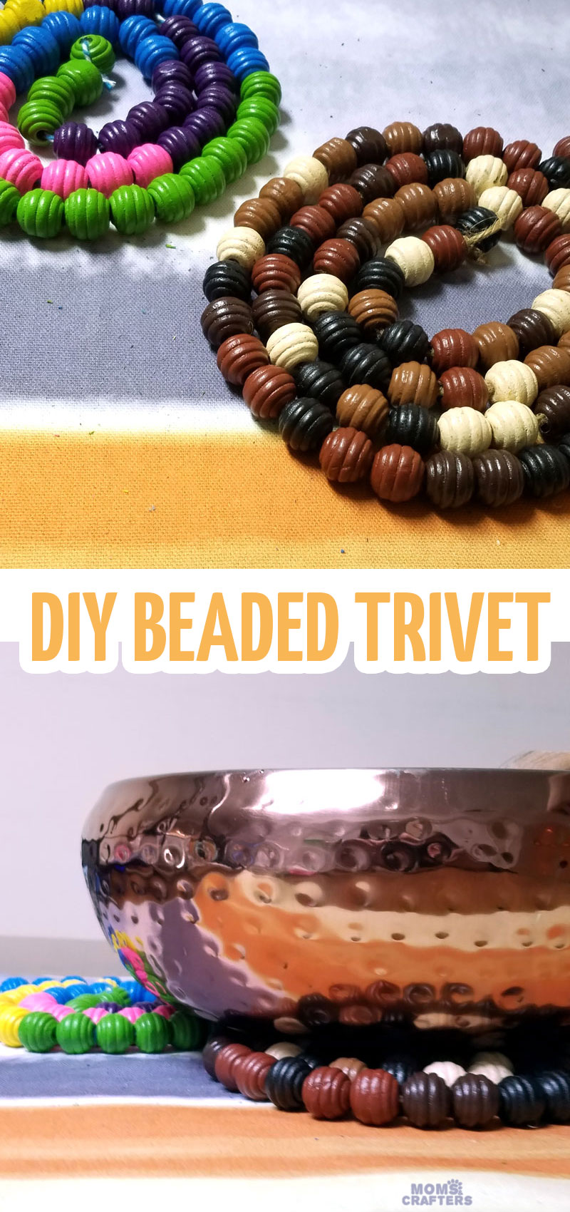 Make a super easy DIY trivet using wooden beads! This large coaster takes five minutes to make, can be made by young kids too, making it a practical kid-made gift idea. It's also durable and the wooden beads makes this wooden trivet really work to protect your surface! Perfect mother's day gift, or to make for yourself.