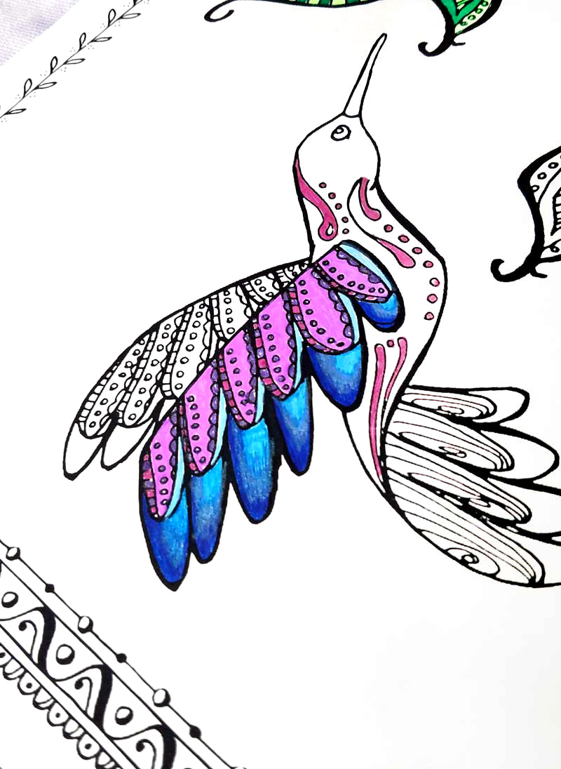 Download and relax with this free printable hummingbird coloring page for adults - perfect for teens and tweens too! This beautiful and intricate colouring pages is perfect for Spring or for bringing a little cheer into your day with a fun bird and some swirly doodle leaves - a great animal themed coloring page with a feminine touch...