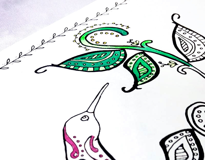 Download and relax with this free printable hummingbird coloring page for adults - perfect for teens and tweens too! This beautiful and intricate colouring pages is perfect for Spring or for bringing a little cheer into your day with a fun bird and some swirly doodle leaves - a great animal themed coloring page with a feminine touch...