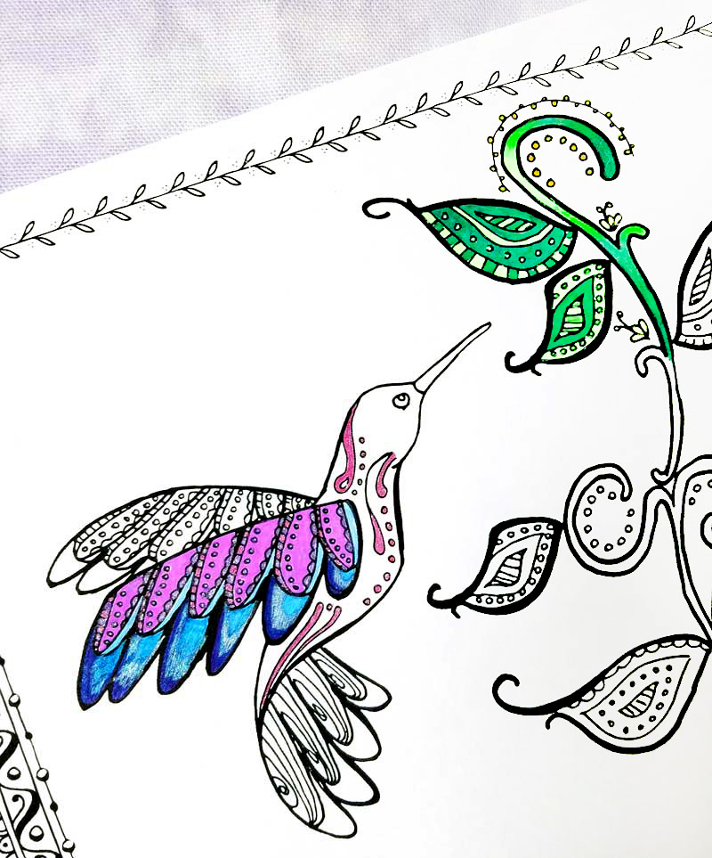 Download and relax with this free printable hummingbird coloring page for adults - perfect for teens and tweens too! This beautiful and intricate colouring pages is perfect for Spring or for bringing a little cheer into your day with a fun bird and some swirly doodle leaves - a great animal themed coloring page with a feminine touch...