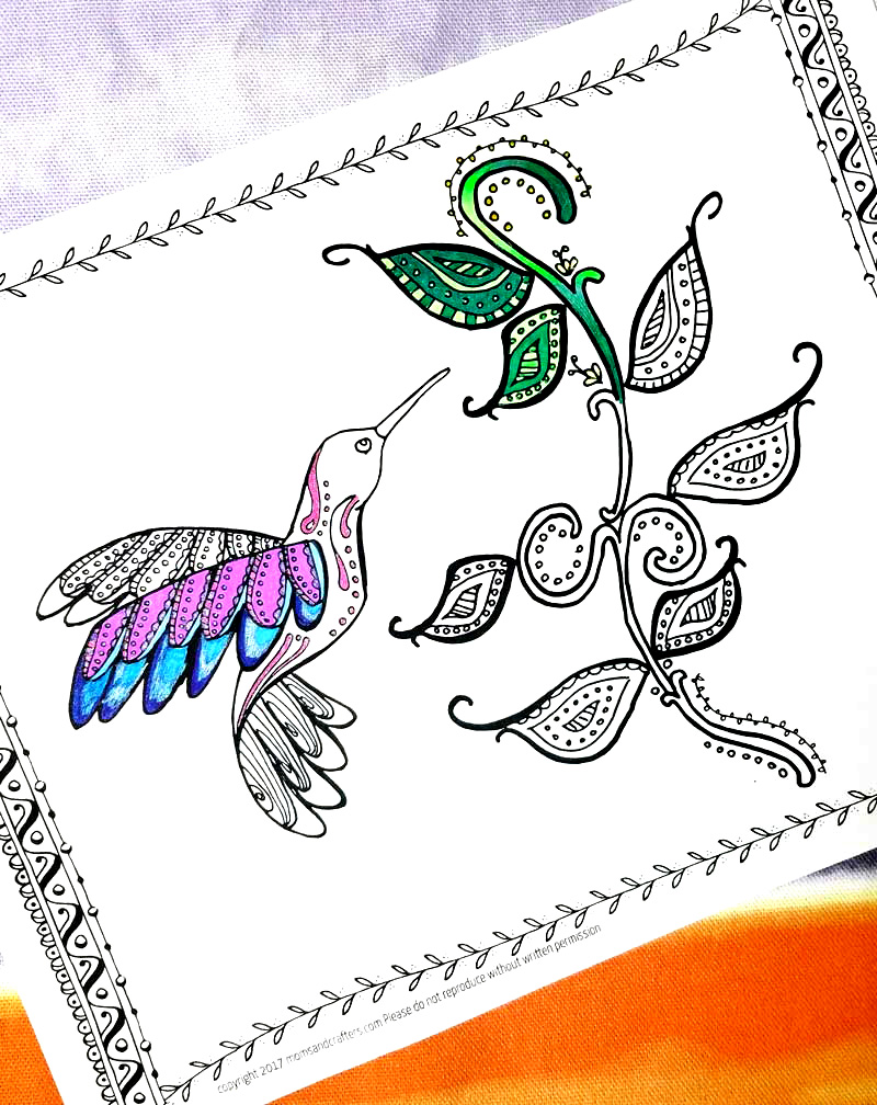 Download and relax with this free printable hummingbird coloring page for adults - perfect for teens and tweens too! This beautiful and intricate colouring pages is perfect for Spring or for bringing a little cheer into your day with a fun bird and some swirly doodle leaves - a great animal themed coloring page with a feminine touch...