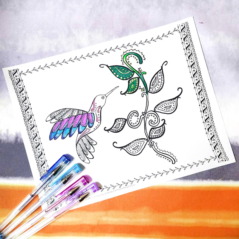 Download and relax with this free printable hummingbird coloring page for adults - perfect for teens and tweens too! This beautiful and intricate colouring pages is perfect for Spring or for bringing a little cheer into your day with a fun bird and some swirly doodle leaves - a great animal themed coloring page with a feminine touch...