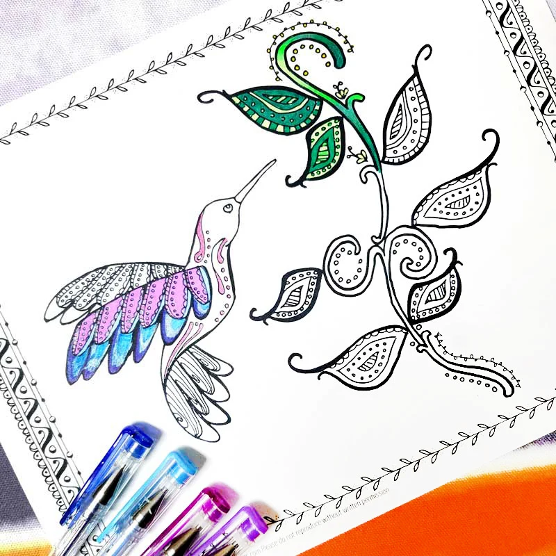 Download and relax with this free printable hummingbird coloring page for adults - perfect for teens and tweens too! This beautiful and intricate colouring pages is perfect for Spring or for bringing a little cheer into your day with a fun bird and some swirly doodle leaves - a great animal themed coloring page with a feminine touch...