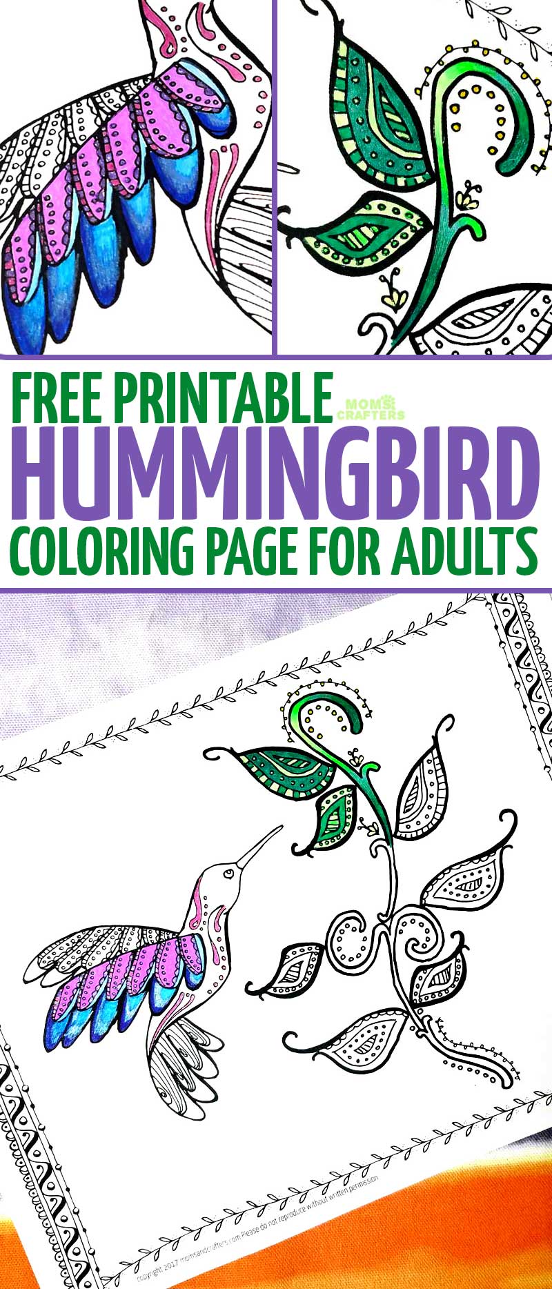 Download and relax with this free printable hummingbird coloring page for adults - perfect for teens and tweens too! This beautiful and intricate colouring pages is perfect for Spring or for bringing a little cheer into your day with a fun bird and some swirly doodle leaves - a great animal themed coloring page with a feminine touch...