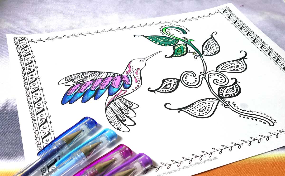 Download and relax with this free printable hummingbird coloring page for adults - perfect for teens and tweens too! This beautiful and intricate colouring pages is perfect for Spring or for bringing a little cheer into your day with a fun bird and some swirly doodle leaves - a great animal themed coloring page with a feminine touch...