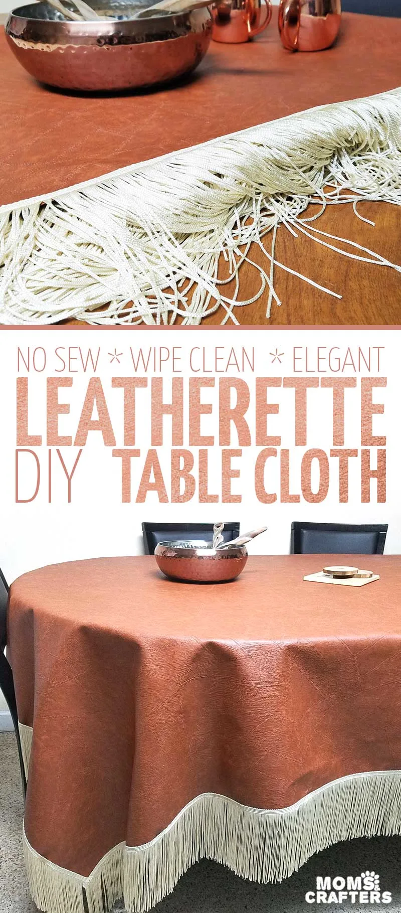 A faux leather table cloth - how brilliant is that?! Make this super easy no sew DIY leatherette tablecloth so your kids don't mess up your good one. It doesn't look tacky like other vinyl table covers, and is a brilliant holiday tablescape idea or kid-friendly decor!