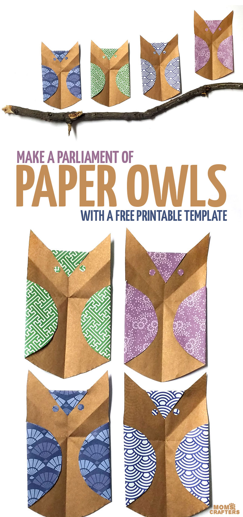 Download the free printable template to make this fun paper owl craft - it's super easy! This paper folding DIY can be used for decor, wall hangings, or just as an easy kids craft. Make a parliament of owls using a simple fold technique thta's not quite origami and not quite kirigami - these fun foldered papercraft templates made a beautiful woodland owl craft for autumn or any time of year!