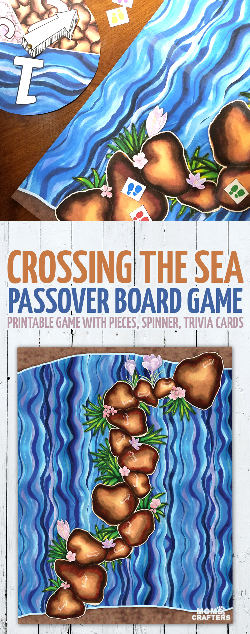 Cross the sea first in this beautiful hand-illustrated printable splitting the sea board game! This fun Passover game is focused on exodus and is a great Pesach Seder activity. It's geared toward preschool age children, but can be played as a family and on many levels. Includes Passover and Exodus trivia - or you can play it without the trivia as a Moana inspired game!