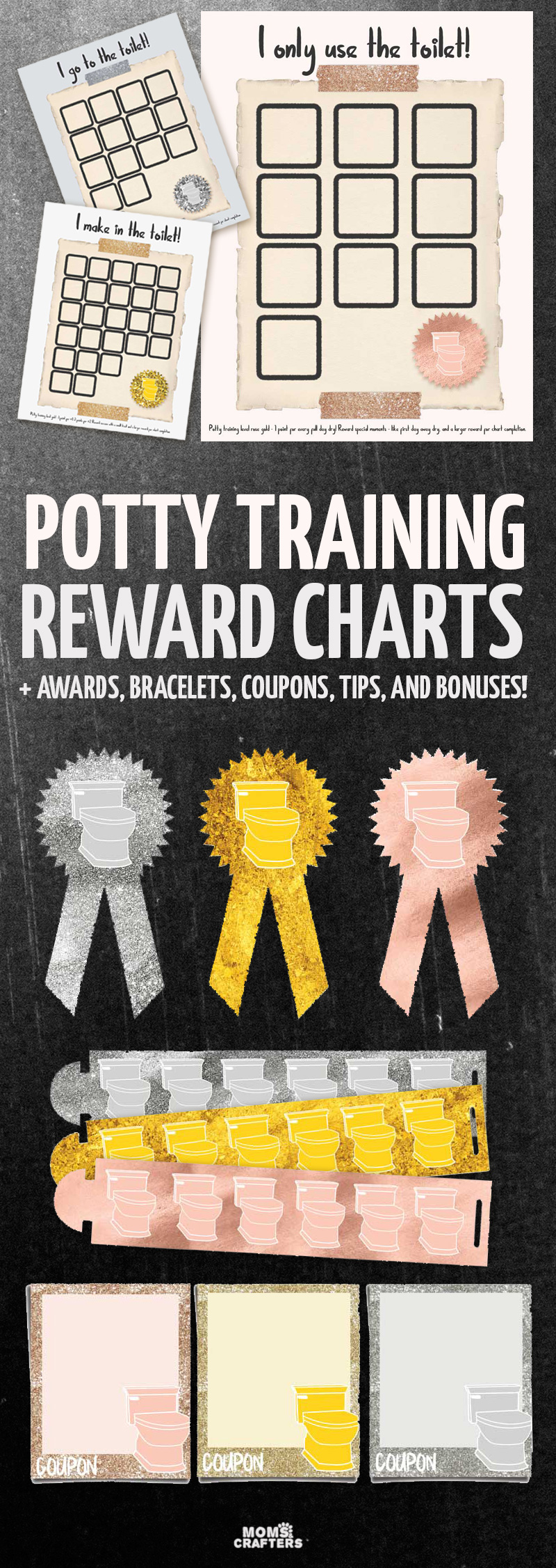 These potty training chart printables, rewards system, and awards are the perfect positive reinforcement for potty training boys and girls! It's great for difficult toddlers and preschoolers and for learning to pee and poop, along with every other stage of toilet training a 2 year old or 3 year old!