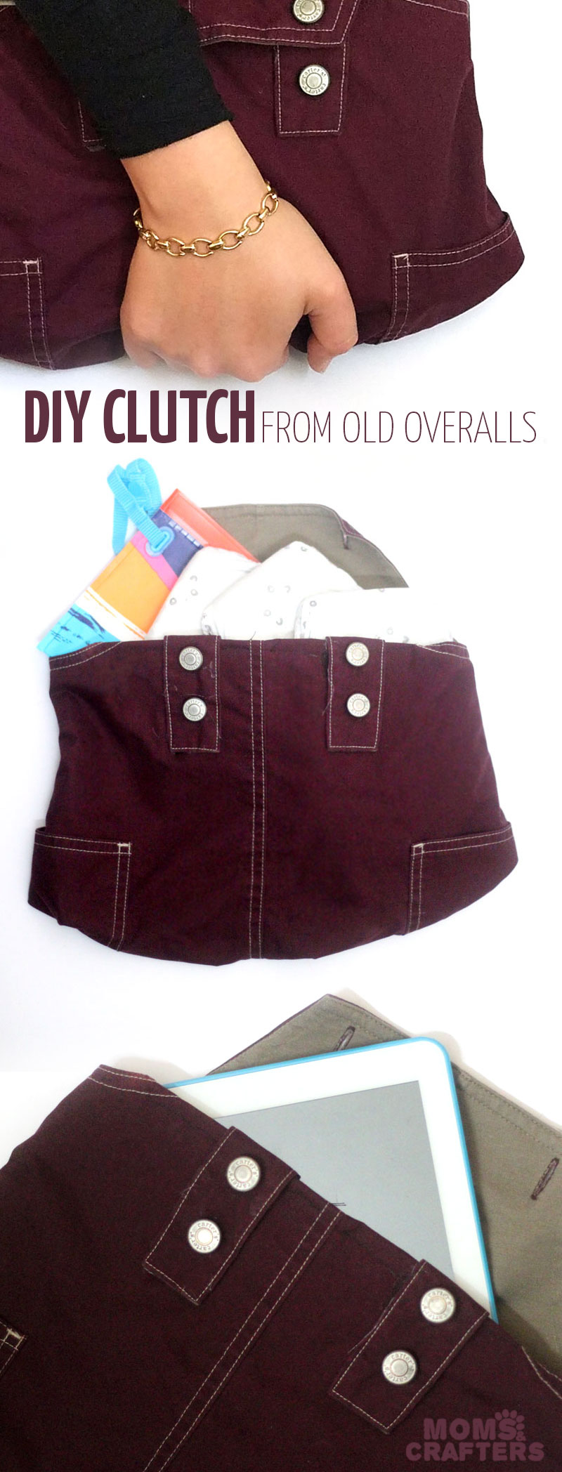 Upcycle old overalls and make this adorable DIY clutch - perfect as a diaper pouch, storage pouch for books, iPad sleeve (or any tablet and device holder) or to contain and protect the library books you're in middle of reading. It's a wounderful eco-friendly recycled beginner sewing crafts and would look just as cute with denim overalls.