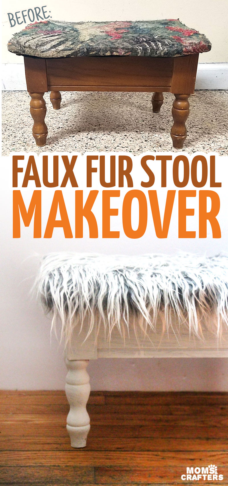 I love this DIY faux fur stool makeover from a flea market find! This ugly vintage sewing stool is transformed into beautiful DIY home decor for the craft room in under half an hour!