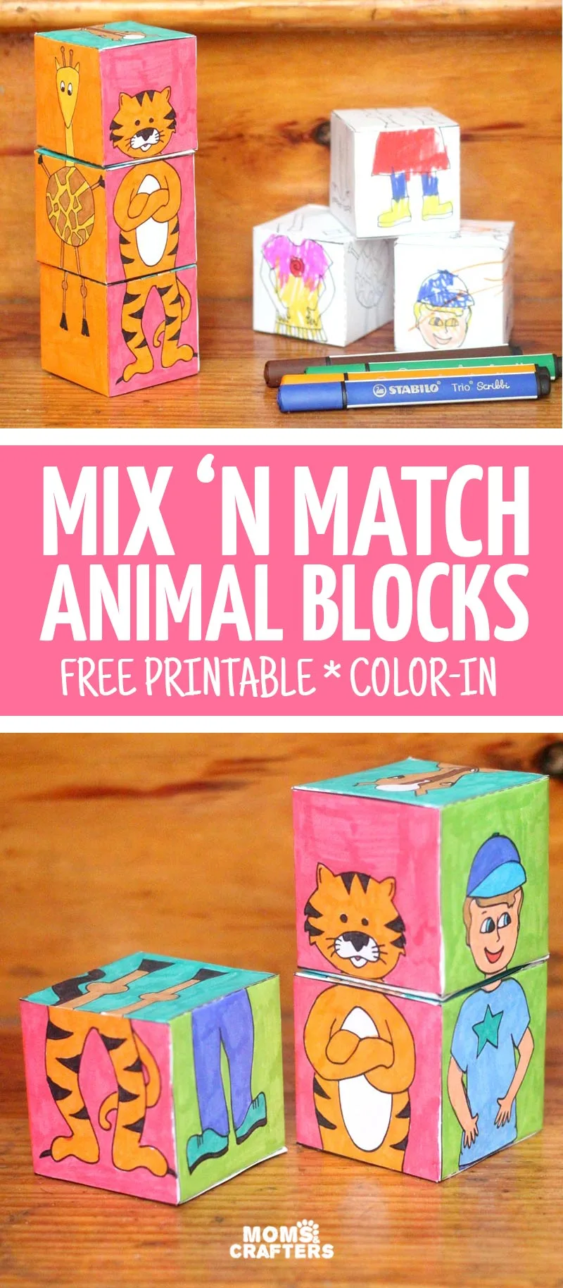 Print, color, and craft these adorable mix 'n match animal blocks! This is much more than a kids activity or a DIY toy - you can color this unique colouring page, create it, and then play with it! Perfect for toddlers and prechoolers, it's the ultimate printable kids activities you'll enjoy, and a perfect summer boredom buster.