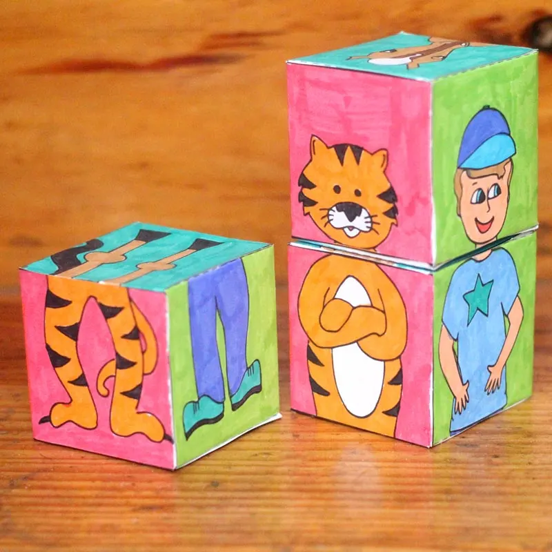 Print, color, and craft these adorable mix 'n match animal blocks! This is much more than a kids activity or a DIY toy - you can color this unique colouring page, create it, and then play with it! Perfect for toddlers and prechoolers, it's the ultimate printable kids activities you'll enjoy, and a perfect summer boredom buster.
