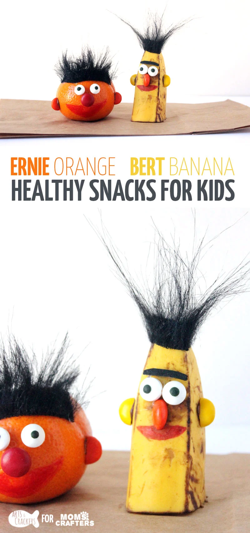 Make adorable Bert and Ernie snacks - perfect snack idea for picky kids who also happen to love Sesame Street! Great idea for a birthday party or for healthy school lunches.