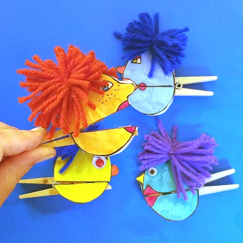 I love these adorable quirky paper puppets - with mouthes that open and close with a clothespin! Love this unique, easy clothespin craft for kids (or adults). It includes a free printable for the faces, which you can then color in, and add yarn and googly eyes for character. This free printable coloring page craft is so cool!