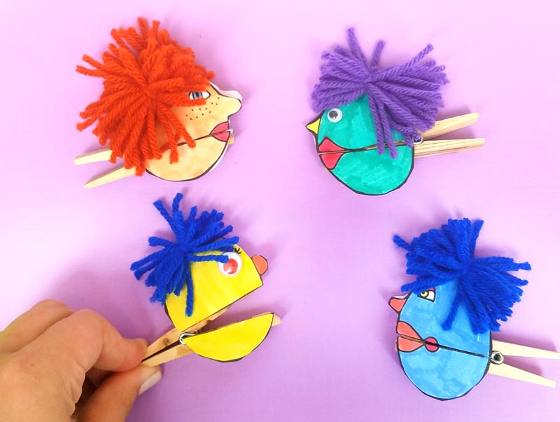 I love these adorable quirky paper puppets - with mouthes that open and close with a clothespin! Love this unique, easy clothespin craft for kids (or adults). It includes a free printable for the faces, which you can then color in, and add yarn and googly eyes for character. This free printable coloring page craft is so cool!