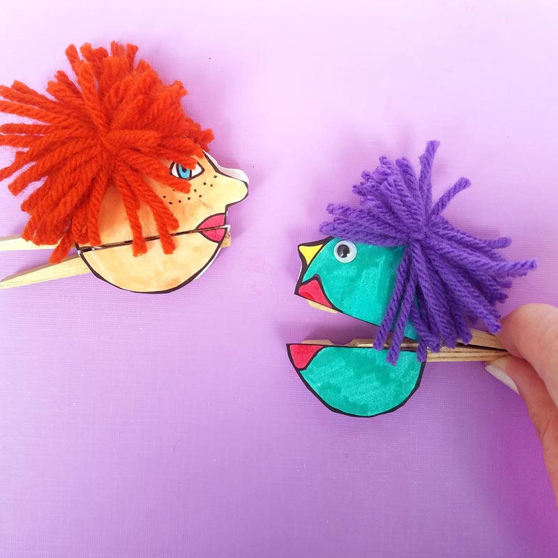 I love these adorable quirky paper puppets - with mouthes that open and close with a clothespin! Love this unique, easy clothespin craft for kids (or adults). It includes a free printable for the faces, which you can then color in, and add yarn and googly eyes for character. This free printable coloring page craft is so cool!