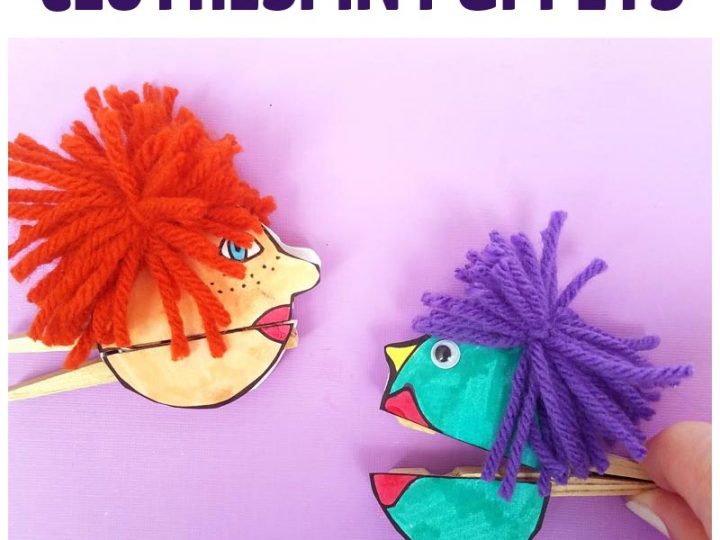 I love these adorable quirky paper puppets - with mouthes that open and close with a clothespin! Love this unique, easy clothespin craft for kids (or adults). It includes a free printable for the faces, which you can then color in, and add yarn and googly eyes for character. This free printable coloring page craft is so cool!