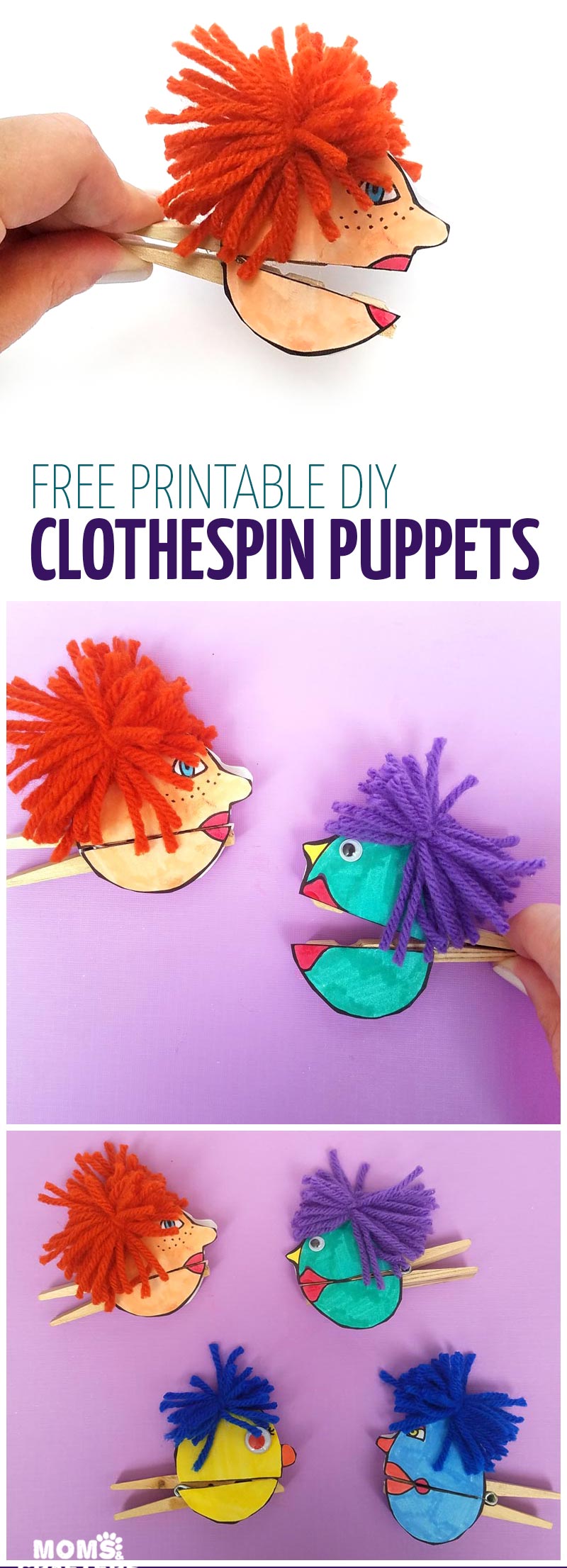 I love these adorable quirky paper puppets - with mouthes that open and close with a clothespin! Love this unique, easy clothespin craft for kids (or adults). It includes a free printable for the faces, which you can then color in, and add yarn and googly eyes for character. This free printable coloring page craft is so cool!