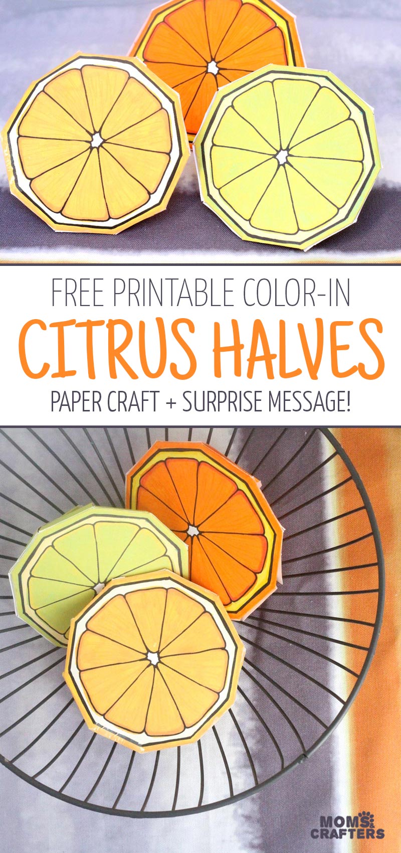 These free printable citrus fruit coloring pages fold into surprise message cards - put a photo inside, write a corny love note, either way it will be loved! This citrus paper craft works as a DIY paper toy and the fun lemon, orange, and lime slices can be played with or given as gifts. 