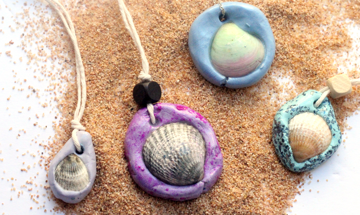 Make an easy DIY seashell necklace for your little mermaid - this easy jewelry making craft for kids is also a perfect summer camp activity for tweens and teens! It's made from air dry clay and a super cool glaze, with instructions for adding different textures to the clay.