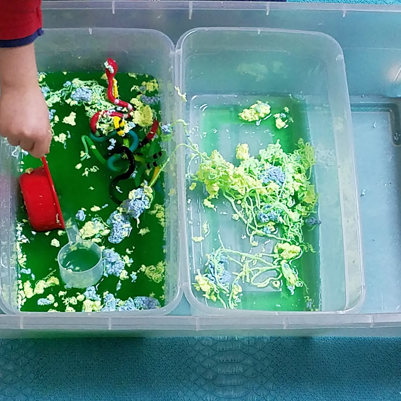 Make a slippery slimy snake sensory bin - the perfect sensory activity for preschoolers! This water play idea is so quick and easy to set up and such a sanity-saver.