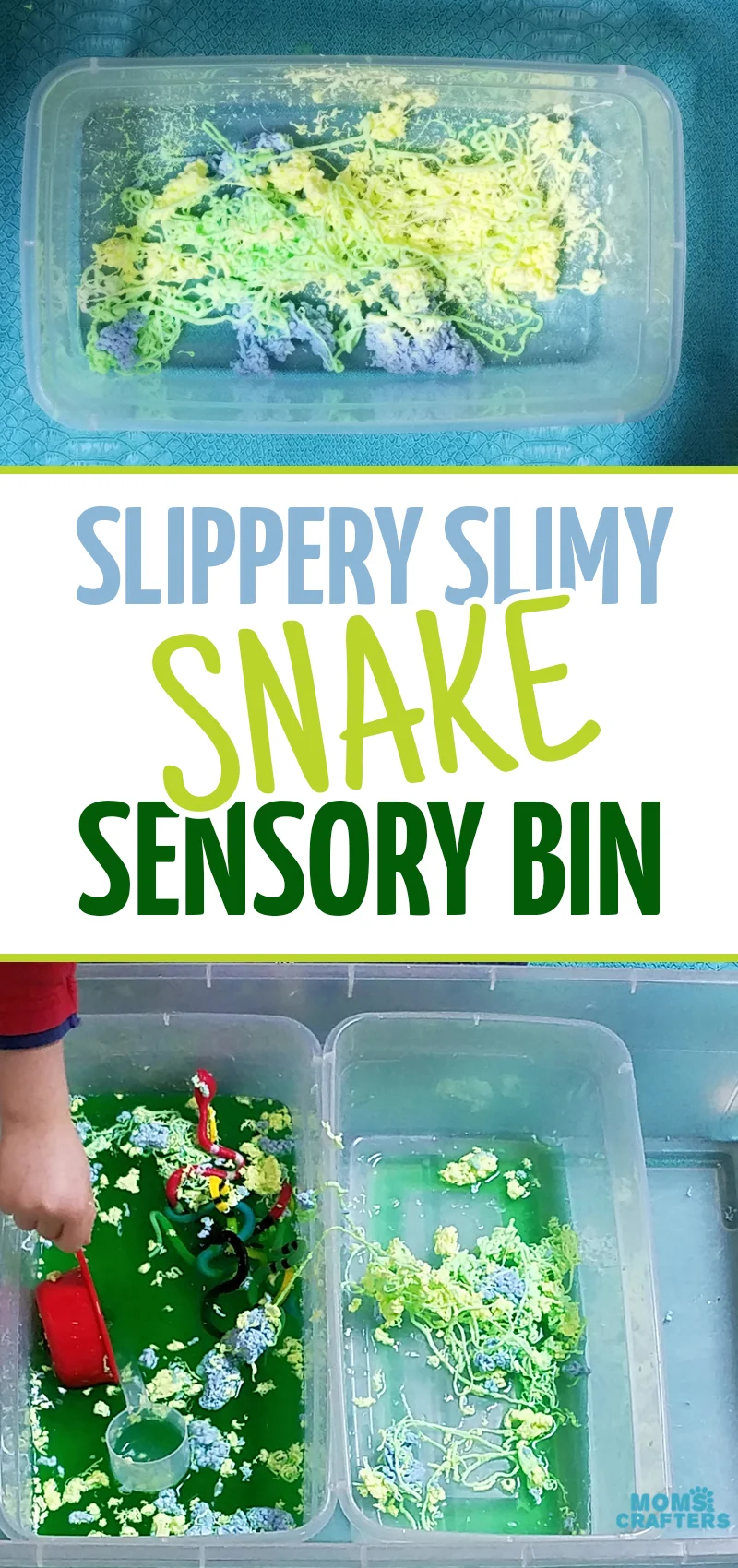 Make a slippery slimy snake sensory bin - the perfect sensory activity for preschoolers! This water play idea is so quick and easy to set up and such a sanity-saver.