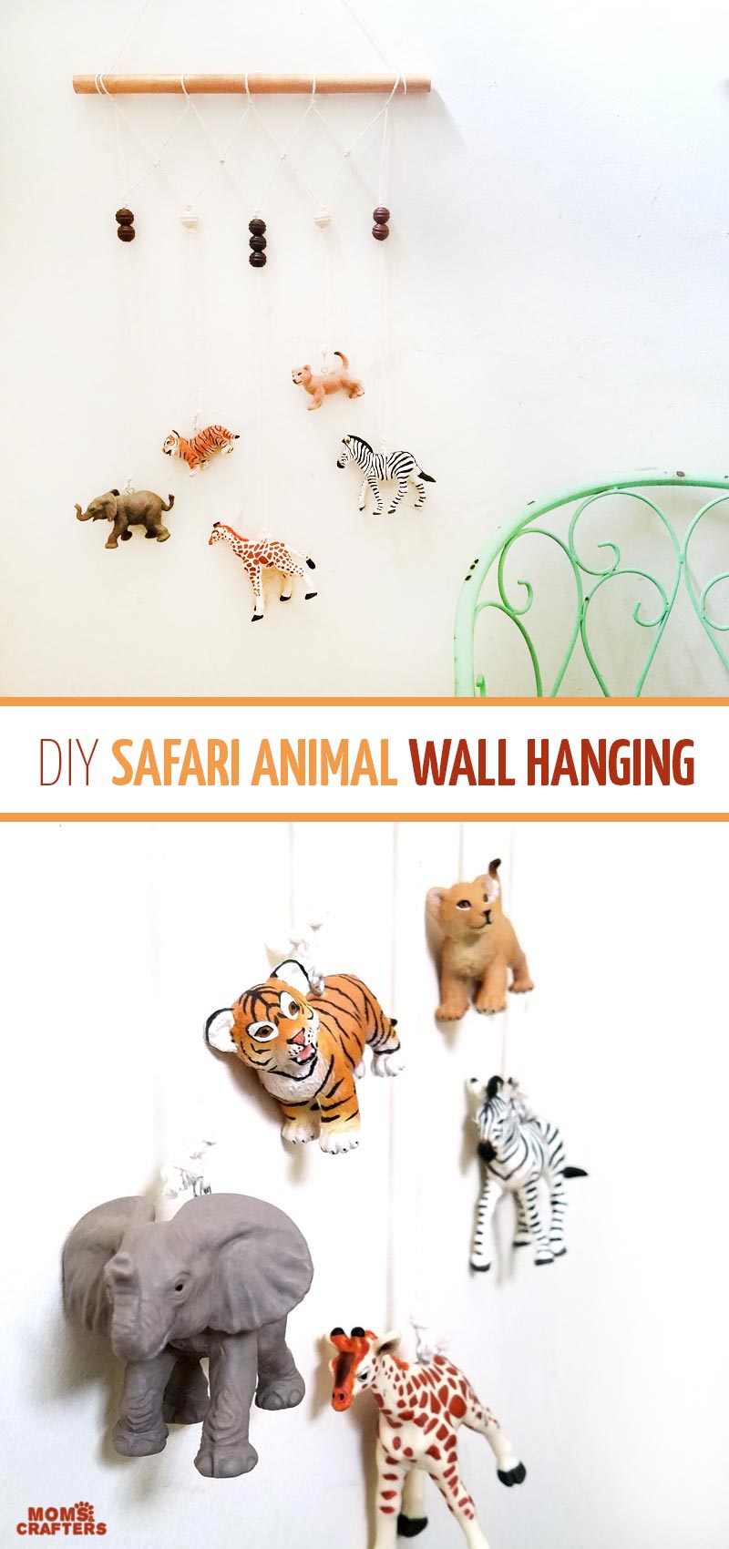 Make an adorable animal wall hanging for the kids room or nursery! Turn toy animals into beautiful playroom decor - and when your'e ready to redecorate, it can be repurposed as a toy! Love this safari animal kids bedroom decor idea - it's such an easy DIY decor craft!