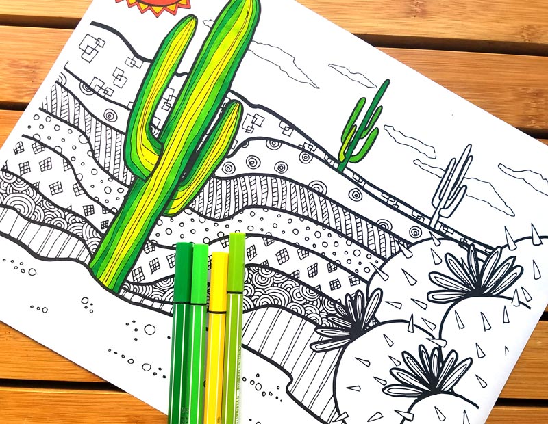 click to download this free printable cactus coloring page for adults - and you'll get 5 more free colouring pages to color in for grown ups! This dessert scene is complex and great for big kids, tweens, and teens to color, and perfect for summer boredom!