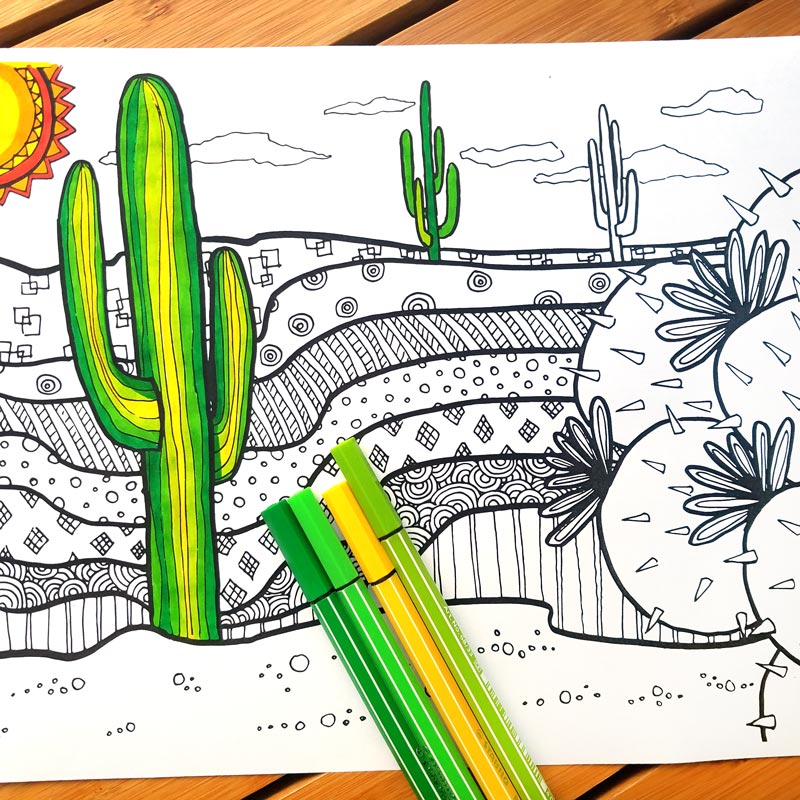 click to download this free printable cactus coloring page for adults - and you'll get 5 more free colouring pages to color in for grown ups! This dessert scene is complex and great for big kids, tweens, and teens to color, and perfect for summer boredom!