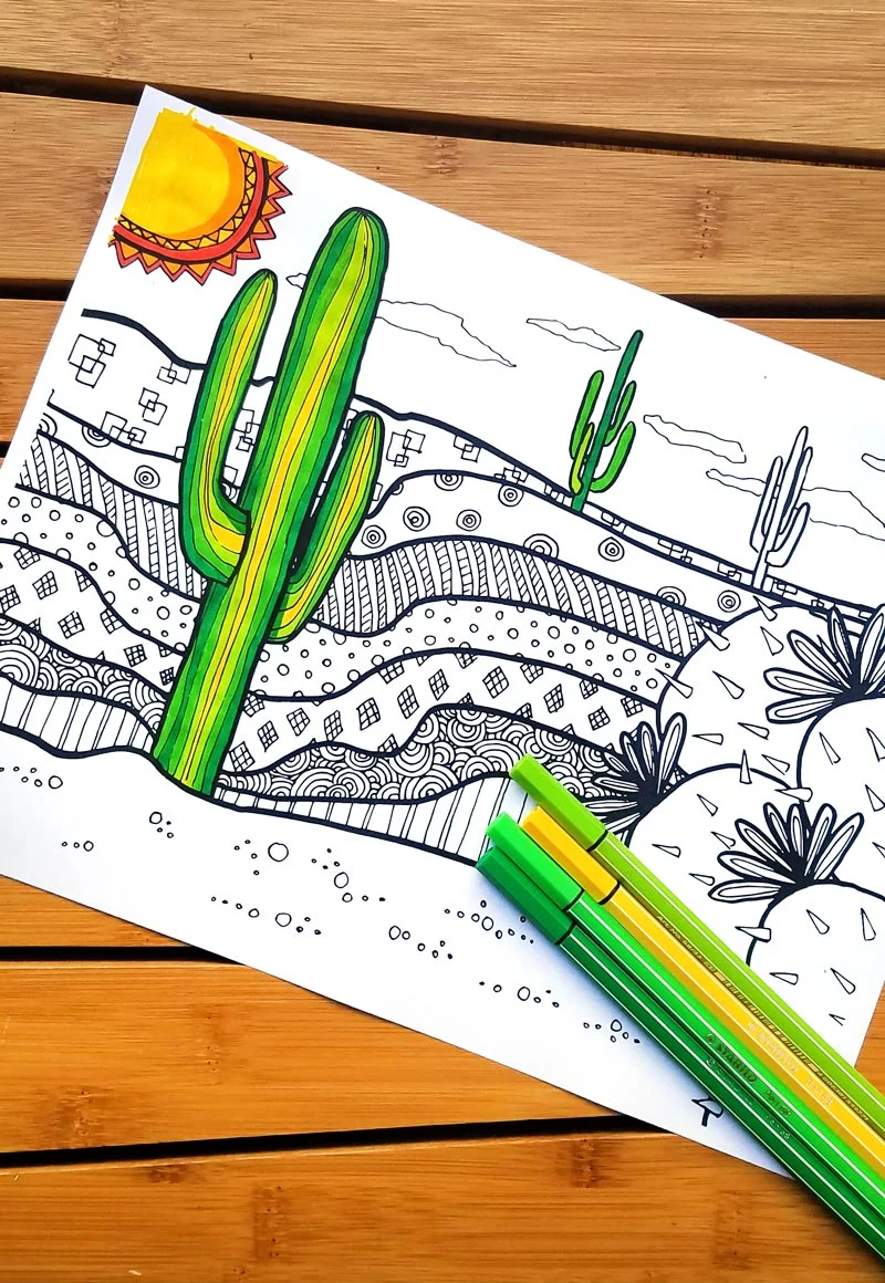 click to download this free printable cactus coloring page for adults - and you'll get 5 more free colouring pages to color in for grown ups! This dessert scene is complex and great for big kids, tweens, and teens to color, and perfect for summer boredom!