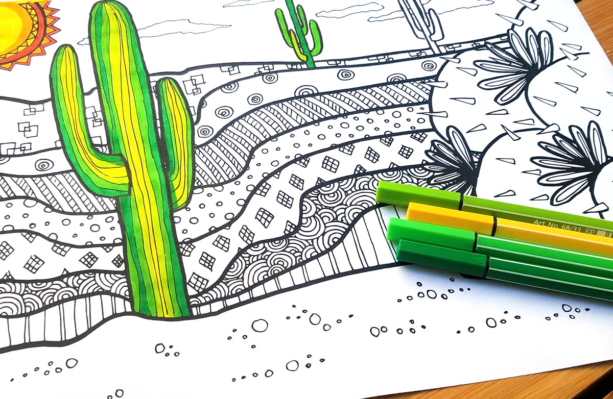 click to download this free printable cactus coloring page for adults - and you'll get 5 more free colouring pages to color in for grown ups! This dessert scene is complex and great for big kids, tweens, and teens to color, and perfect for summer boredom!