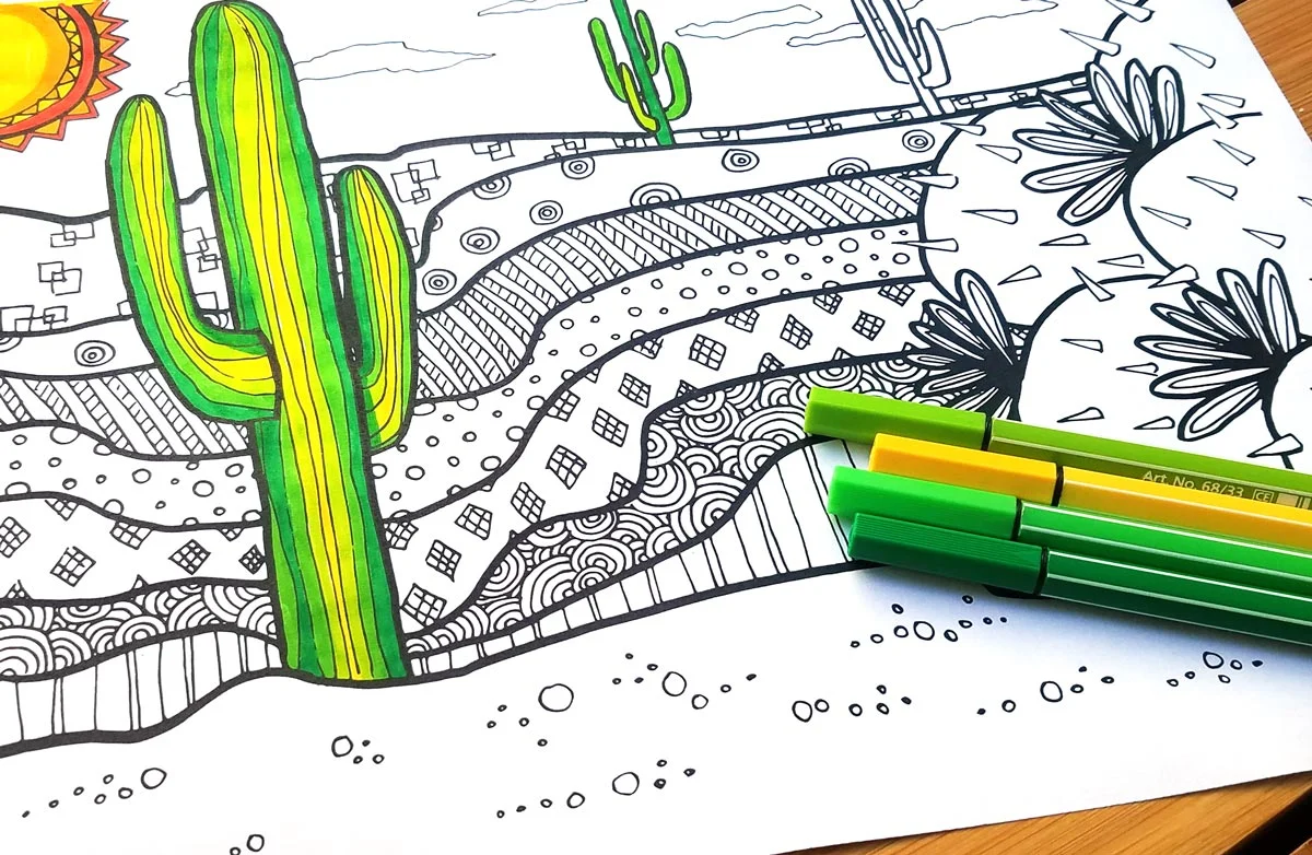 click to download this free printable cactus coloring page for adults - and you'll get 5 more free colouring pages to color in for grown ups! This dessert scene is complex and great for big kids, tweens, and teens to color, and perfect for summer boredom!