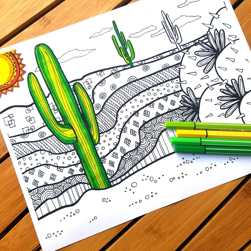 click to download this free printable cactus coloring page for adults - and you'll get 5 more free colouring pages to color in for grown ups! This dessert scene is complex and great for big kids, tweens, and teens to color, and perfect for summer boredom!