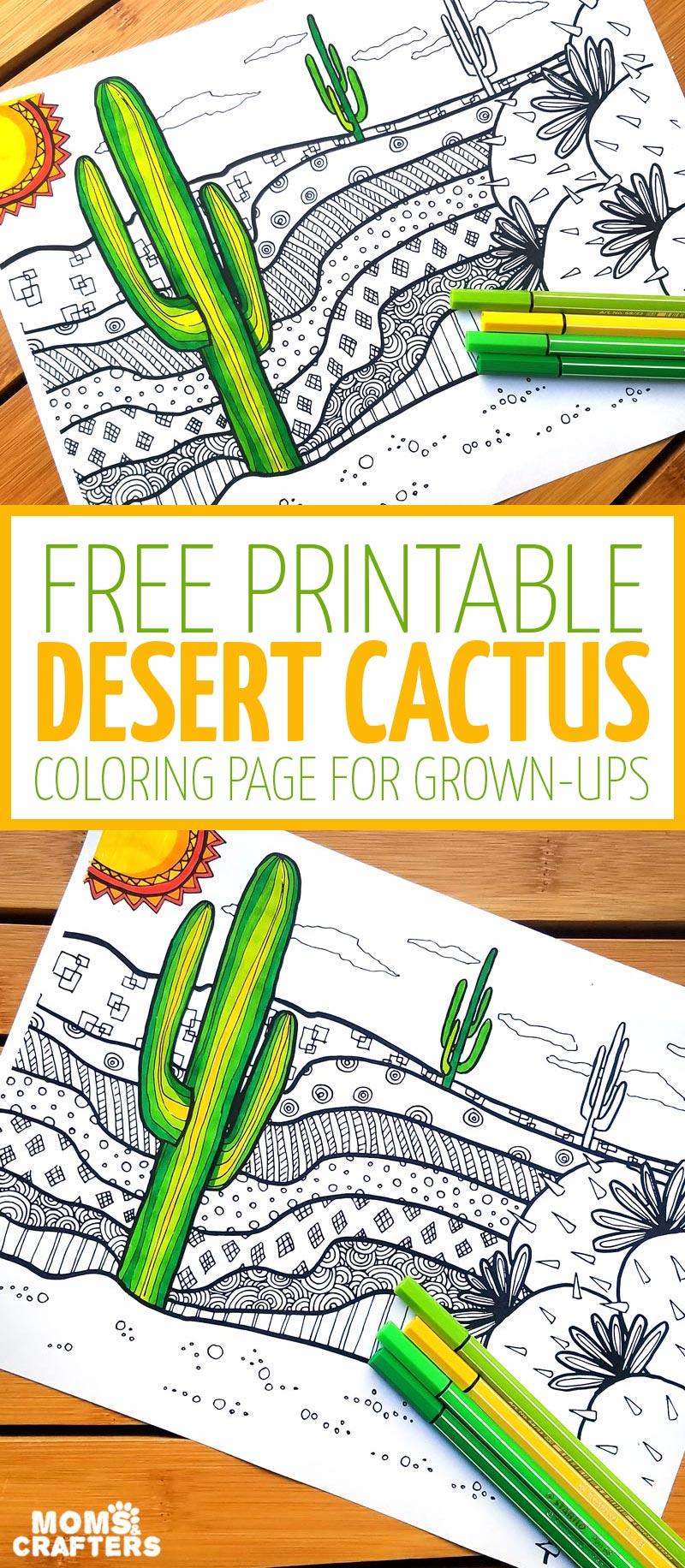 click to download this free printable cactus coloring page for adults - and you'll get 5 more free colouring pages to color in for grown ups! This dessert scene is complex and great for big kids, tweens, and teens to color, and perfect for summer boredom!