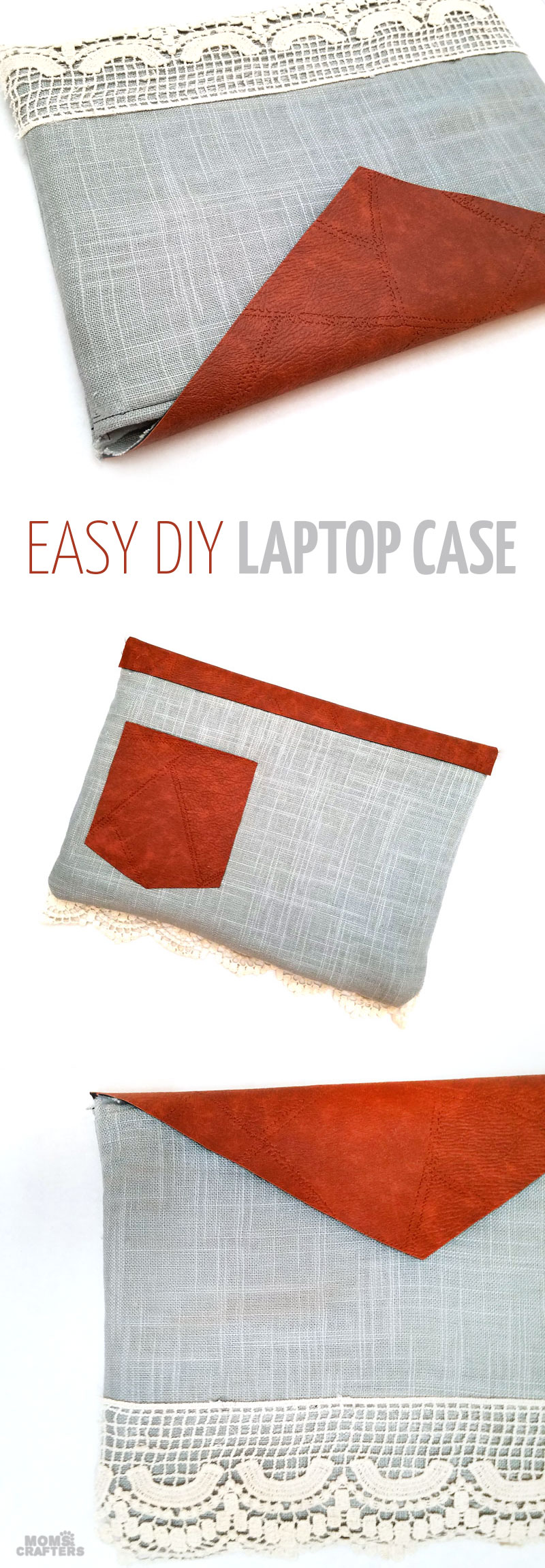 Make an easy DIY laptop sleeve - this quick and easy sewing tutorial for a laptop or tablet case has beautiful linen and leatherette detail! The leather gives it a bright touch, the lace makes it a bit feminine. You'll love it! No pattern needed - fits with any size computer notebook! I made it for a Surface Pro 4.