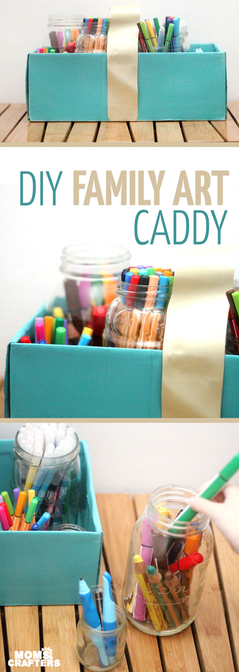 Make a super easy upcycled DIY marker storage caddy to transport the entire family's art supplies from the closet to the table in a usable bin! The jars can be removed individually to easily set up and clean up a family art station with coloring supplies for kids and adults. This recylced cardboard box and jar craft is so easy to make, and is an awesome craft room organization hack. 