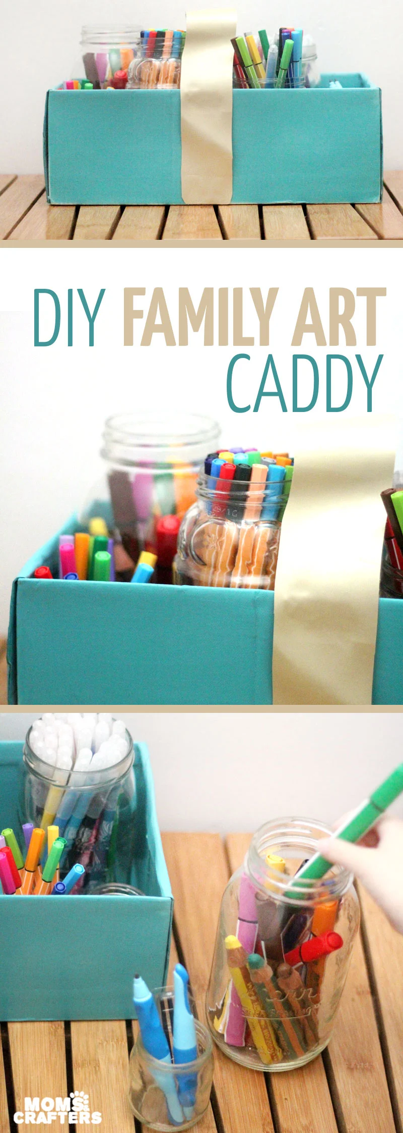 Make a super easy upcycled DIY marker storage caddy to transport the entire family's art supplies from the closet to the table in a usable bin! The jars can be removed individually to easily set up and clean up a family art station with coloring supplies for kids and adults. This recylced cardboard box and jar craft is so easy to make, and is an awesome craft room organization hack. 