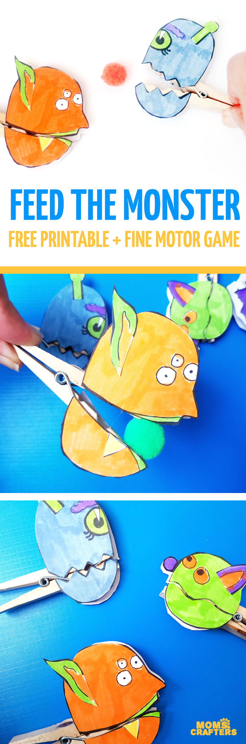 Make these adorable monster clothespin puppets using the free printable template - and then play "Feed the Monster" - a fun fine motor activity and game to help improve pincer grasp! You'll love this paper craft and free printable activity for kids. It's also great for Halloween crafts but fun for year-round too.